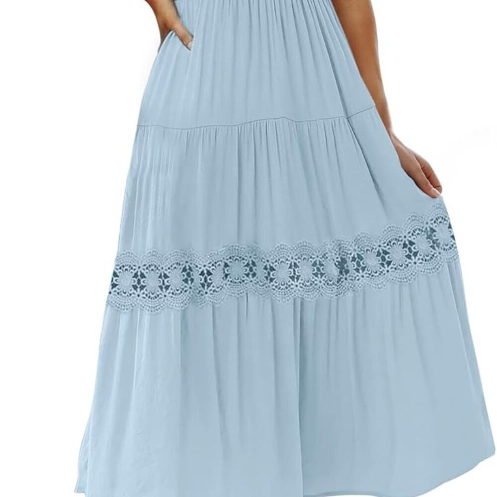 Women's Rayon Midi Dress Crew Neck Flutter Sleeves High Waist Lace Trim